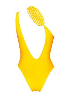 This sleek one-piece swimsuit has it all. It features a unique one-shoulder design with a custom accent, an elongating high-cut, and a sheen finish. Unpadded and fully lined, the suit can also be used as a body suit, allowing for a stylish day to night transition. ACCESSORIES ARE NOT INCLUDED Product Description: Color: Yellow One shoulder Custom shoulder accent Unpadded Cut out Elongating high-cut Doubles as a body suit Sheen finish Fully lined Model is wearing a small. Model info: Height 5’9 B Sleek Summer One-piece Bodysuit, Sleek One-piece Summer Bodysuit, Sleek One-piece Bodysuit For Summer, Modern Summer Bodysuit, Sleek Backless Swimwear For Summer, Modern One-piece Swimwear For Pool, Modern Fitted Swimwear For Summer, Modern Fitted Summer Swimwear, Modern Sleeveless Swimwear For Summer