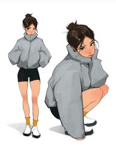 a woman in grey hoodie and black shorts squatting on the ground with her hands behind her head