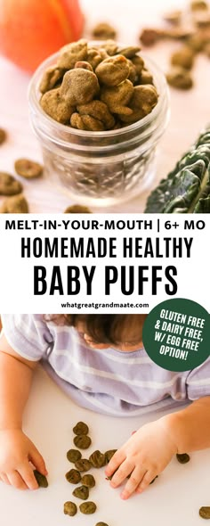 a baby is playing with some dog treats on the table and text reads melt - in your mouth i 5 mo homemade healthy baby puffs