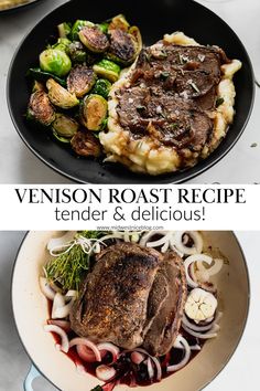 two plates with steak, potatoes and vegetables in them on a white counter top next to the same plate