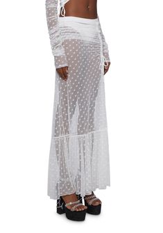 Sugar Thrillz Sheer Mesh Rose Print Ruched Maxi Skirt - White – Dolls Kill Spring Mesh Flowy Skirt, Summer Gathered Nylon Skirt, Spring Maxi Length Ruched Bottoms, Summer Ruched Maxi Skirt, Summer Maxi Skirt With Ruched Detail, Summer Ruched Nylon Skirt, Sugar Thrillz, Free Socks, Rose Print