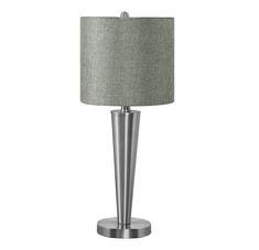 a table lamp with a grey shade on it and a light gray linen shade on the base