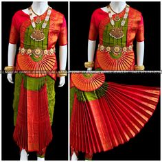 Design by Classical Dance Jewelry® ❥ Traditional Bharatanatyam costume wore during regular dance programs or arrangetram performance. ❥ Material : Art Silk ❥ Type : Traditional pant costume ❥ Easy to wear ❥ layer front fan  30 inch PANT LENGTH Dress Measurements ( all the measurements approximately 1 -2 margin buffer) Age: 7 - 9 yrs  ❥ PANT MEASUREMENTS:   ☛ Pant Length: 29-30 inch   ☛ Pant Waist: 27-28 inch   ☛ Pant Hip: 28-29 ❥ BLOUSE MEASUREMENTS :   ☛ Blouse length: 10-11 inch   ☛ Blouse Shoulder : 11-12 inch   ☛ Blouse around Bust: 25-26 inch   ☛ Blouse Lower Chest: 23-24 inch   ☛ Blouse Sleeves length: 5-6 inch   ☛ Blouse sleeve round: 9 - 10 inch   ☛ Blouse armpit: 11 - 12 inch ❇️ NOTE: FOR THIS SIZE DRESS BLOUSE COMES WITH NO DARTS ️     Set includes     ☛ Pant, Blouse, Dhavani, fa Ceremonial Green Sets With Traditional Patterns, Green Ceremonial Saree For Transitional Season, Ceremonial Green Saree For Transitional Season, Traditional Green Choli With Tilla Detailing, Traditional Green Choli With Tilla Embroidery, Green Traditional Drape Set For Puja, Green Set With Traditional Drape For Puja, Traditional Green Tilla Choli, Green Tilla Saree For Ceremonial Occasions