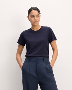 The Organic Cotton Slim Crew Tee Navy – Everlane Classic Fitted Cotton T-shirt, Classic Fitted T-shirt For Casual Gatherings, Classic Fitted T-shirt For Fall, Classic Solid Color Top With Straight Hem, Classic Solid Color Tops With Straight Hem, Classic Fitted Tops With Straight Hem, Classic Relaxed Fit T-shirt For Work, Everyday Fitted T-shirt With Ribbed Neckline, Fitted Organic Cotton Everyday Tops