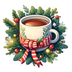 a cup of coffee surrounded by holly and berries