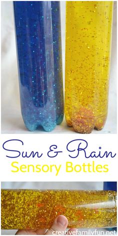 the sun and rain bottle is filled with yellow liquid, blue water and gold flakes