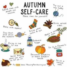 an autumn self care poster with words and pictures