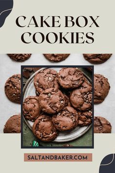 chocolate cookies on a plate with the words cake box cookies above it and an image of them