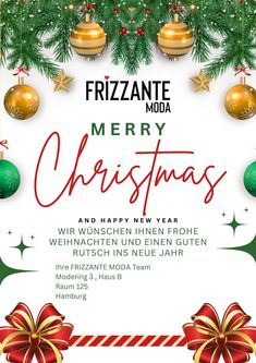 a merry christmas party flyer with presents and decorations on it's side, in front of a white background