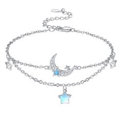 PRICES MAY VARY. 【Design】Moon star link bracelet inspired by the night sky, a romantic accessory for day and night. 【Size】The moonstone jewelry have a size of 0.6 inches. ❤The adjustable bracelet have 7"+2" extension chain. 【Gifts】The star and moon jewelry for women comes in an exquisite jewelry gift box with silver polishing cloth. 【Material】The star and moon bracelet women is made of 925 sterling silver and moonstone, suitable for long-term wearing. 【Jewelry】The celestial jewelry is great for Silver Celestial Bracelet With Star Charm, Celestial Silver Bracelet With Star Charm, Adjustable Star-shaped Celestial Bracelets, Adjustable Celestial Star Bracelet, Celestial Charm Bracelet With Star Charm As Gift, Celestial Star Charm Bracelet Gift, Celestial Charm Bracelet With Moon Charm As A Gift, Moon And Star Bracelet, Silver Star Bracelet