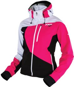 a women's jacket with hood and sleeves in pink, white and black colors