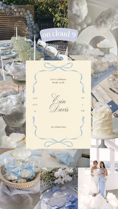 a collage of photos with blue and white decorations on it, including cake, napkins, and other items