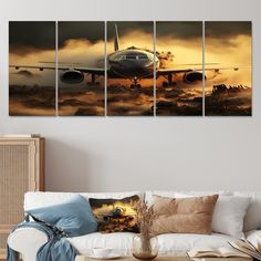 an airplane is flying over the clouds in this modern living room wall art print set