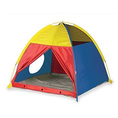 a colorful tent with the door open on a white background