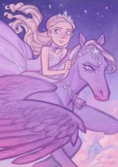 a drawing of a girl riding on the back of a purple horse with stars in the sky behind her