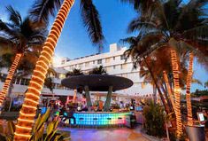 palm trees are lit up in front of a hotel