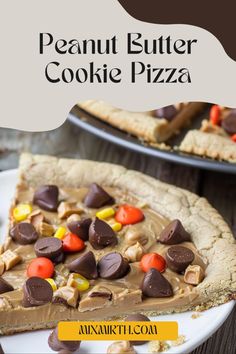 peanut butter cookie pizza on a white plate with the title overlay reads, peanut butter cookie pizza