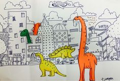 children's drawing of dinosaurs in front of cityscape