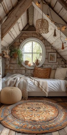 an attic bedroom with a bed, rug and round window