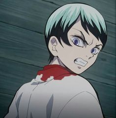 an anime character with green hair and blue eyes looking at something in front of him