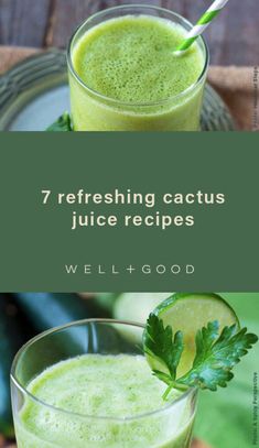 two glasses filled with green juice on top of a wooden table