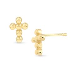 These beaded cross stud earrings are an everyday accessory that celebrates your faith and beliefs. 14K gold Each earring features sculpted beads arranged in a cross-shaped design Friction backs Cross Stud Earrings, Cross Earrings Studs, Beaded Cross, Everyday Accessories, Stud Earrings, Beads, Gold, Design