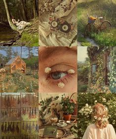 a collage of pictures with flowers, trees and people in the background including an image of a woman's eye