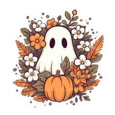 a white ghost surrounded by flowers and leaves with an orange pumpkin in the foreground