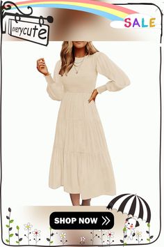 Beige Pleated Long Sleeve Swing Dress Beige Solid Color Midi Dress For Fall, Beige Midi Dress For Fall, Long Sleeve Solid Color Midi Dress For Brunch, Beige Non-stretch Midi Dress, Chic Non-stretch Beige Midi Dress, Beige Non-stretch Dress For Fall, Beige Long Sleeve Midi Dress, Chic Beige Long Sleeve Midi Dress, Beige Non-stretch Midi Dress For Fall