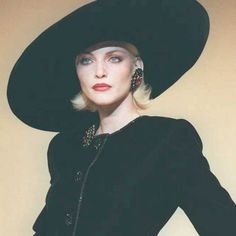 A model in large black hat, tilted to side and velvet black dress in July 1995 Runway Model Aesthetic, Theater Art, Matthew M Williams, Clare Waight Keller, Nadja Auermann, Givenchy Couture, Vintage Style Hat, Elegant Outfit Classy, Elegant Moments