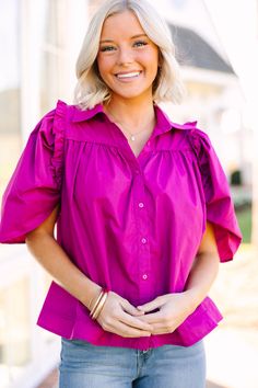 We are loving the feminine drama that is this blouse! Those puff sleeves and the ruffled detailing are perfection together! Plus, that hue..... girl! It's stunning!
Collared v-neckline
Button down front closure
Short puff sleeves
Ruffled detailing 
No stretch
Payton is wearing the small. Cruise Outfits, Cute Spring Outfits, Puff Sleeve Blouse, Casual Work Outfits, Fuchsia Pink, Model Fits, Work Casual, Spring Outfit, Puff Sleeves