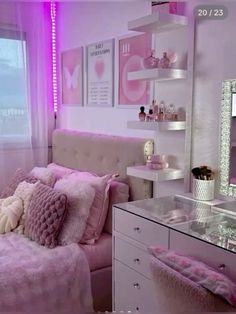 a bedroom with pink and white decor on the walls