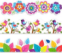 colorful flowers and birds on white background