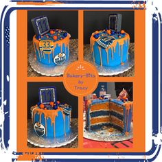 four pictures of a blue and orange birthday cake