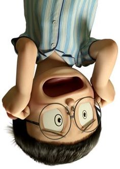 a man is upside down with glasses on his head