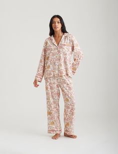 Invite a touch of understated luxury to your sleep rotation with our artfully elevated Karolina Full Length PJ. With a soft colour palette, a timeless and effortlessly elevated fit and our high-quality cotton-viscose blended fabrication. Model is wearing size small/8-10 AU pyjamas Lightweight brushed cotton-viscose blended weave; soft to the skin feel; semi-sheer; no-stretch Notch collared neckline to shirt; natural mother-of-pearl front button closure; front chest patch pocket Elasticated waist Pyjamas Uk, Soft Colour Palette, Winter Pajamas Women, Cotton Pajamas Women, Maternity Pajamas, Soft Colour, Winter Pajamas, Floral Pajamas, Understated Luxury