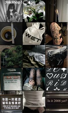 the collage shows many different pictures and words in black and white, as well as tattoos