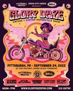 the poster for glory daye featuring a woman on a motorcycle