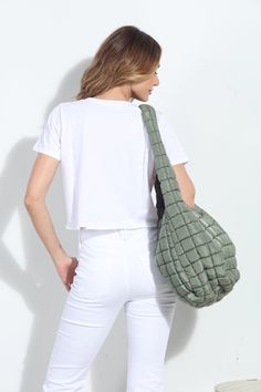 PRODUCT DETAILS: PUFFY TEXTURED TOTE SHOULDER STRAP ZIPPER ENCLOSURE COLOR: ARMY GREEN IMPORTED Casual Green Hobo Bag With Zipper Closure, Casual Green Quilted Bag, Kimono Dress, Drop Waist, Romper Pants, Denim Shop, Army Green, Skirt Pants, Denim Skirt