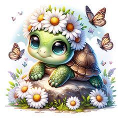 a little turtle sitting on top of a rock with daisies in its hair and butterflies around it