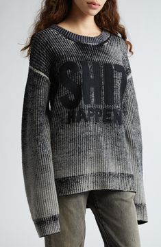 Playful nonchalance pervades a distressed sweater knit from chunky merino wool with dropped shoulders and boldly embroidered lettering. 26" length (size Medium) Crewneck Long sleeves Dropped shoulders Ribbed cuffs and hem 100% merino wool Hand wash, dry flat Imported Designer Clothing Embroidered Lettering, Knit Sweater Outfit, Distressed Sweater, Merino Wool Sweater, Sweater Knit, White Sweaters, Wool Sweater, Black Sweaters, Sweater Outfits