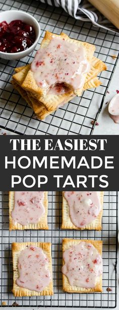 homemade pop tarts on a cooling rack with raspberry sauce in the background