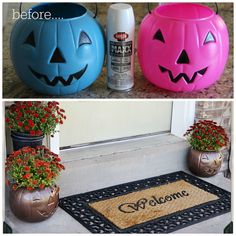 two pumpkins painted to look like jack - o'- lanterns on the front porch