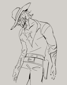 a black and white drawing of a man wearing a hat with his hands in his pockets