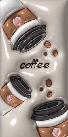 coffee cups with the word coffee on them are depicted in this 3d image, which appears to be made out of chocolate