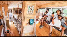 people are sitting in the inside of a tiny house