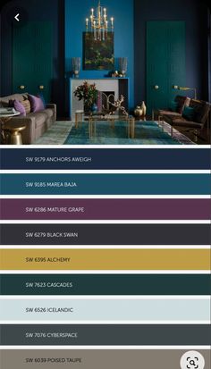 the color scheme for this living room is blue, green, and purple with gold accents