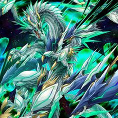 an animated image of a dragon in the middle of green and blue space with stars