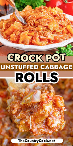 crock pot unstufled cabbage rolls on a white plate with text overlay