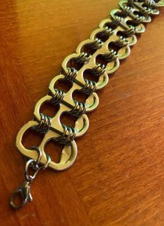 a close up of a metal chain on a table